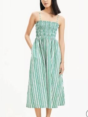 LOFT Green and White Striped Smocked Midi Dress